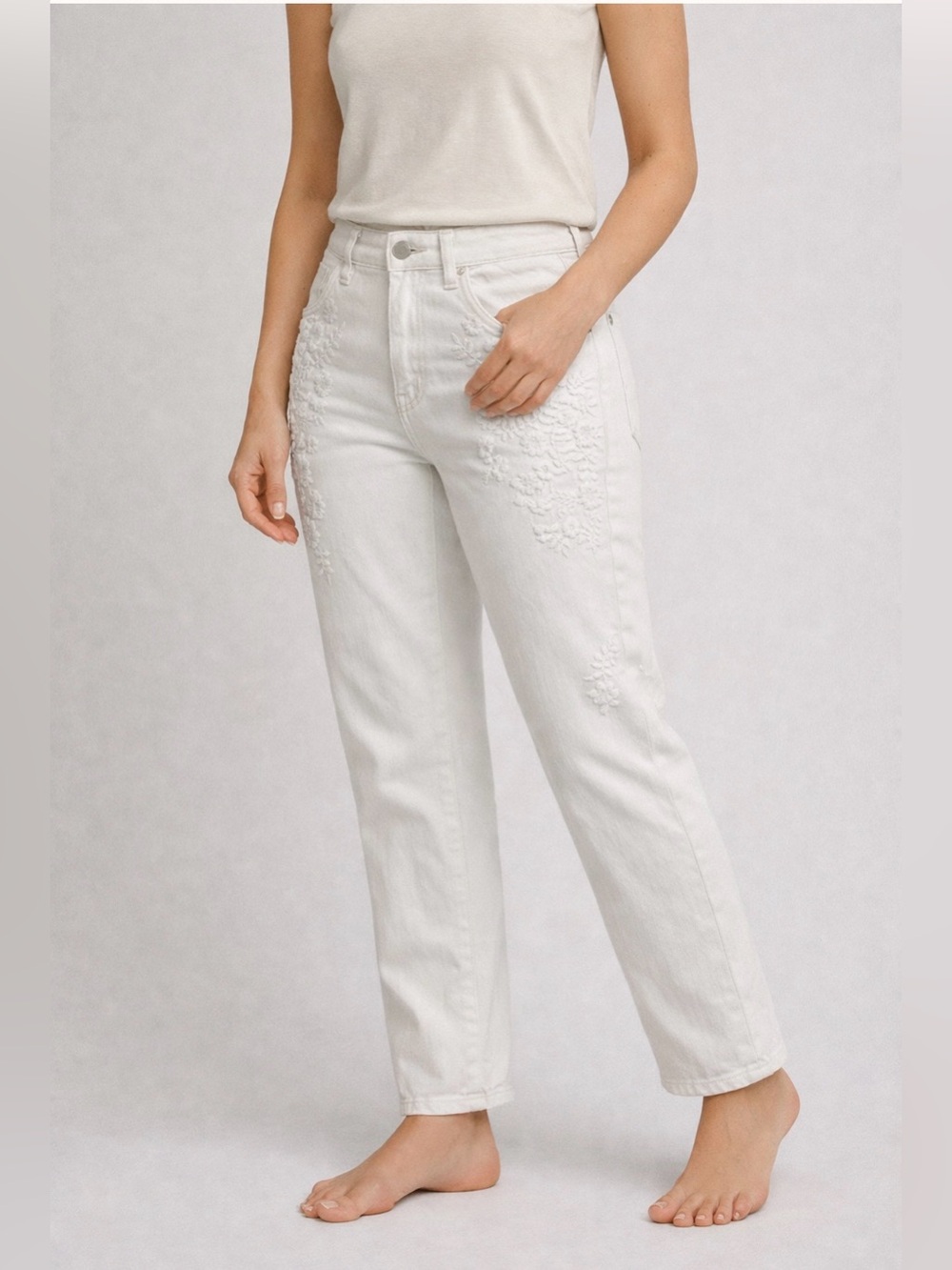 Anthropologie Pilcro Hyphen Mid Rise Embroidered Floral Ankle Jeans White Sz 28